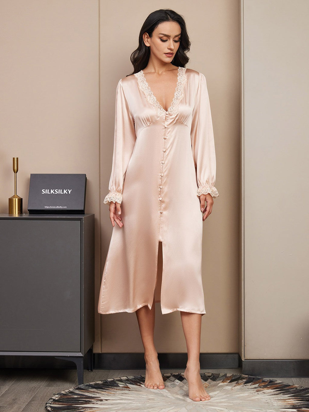 Pure Silk Long Sleeve V-neck Midi Nightgown with Lace Design
