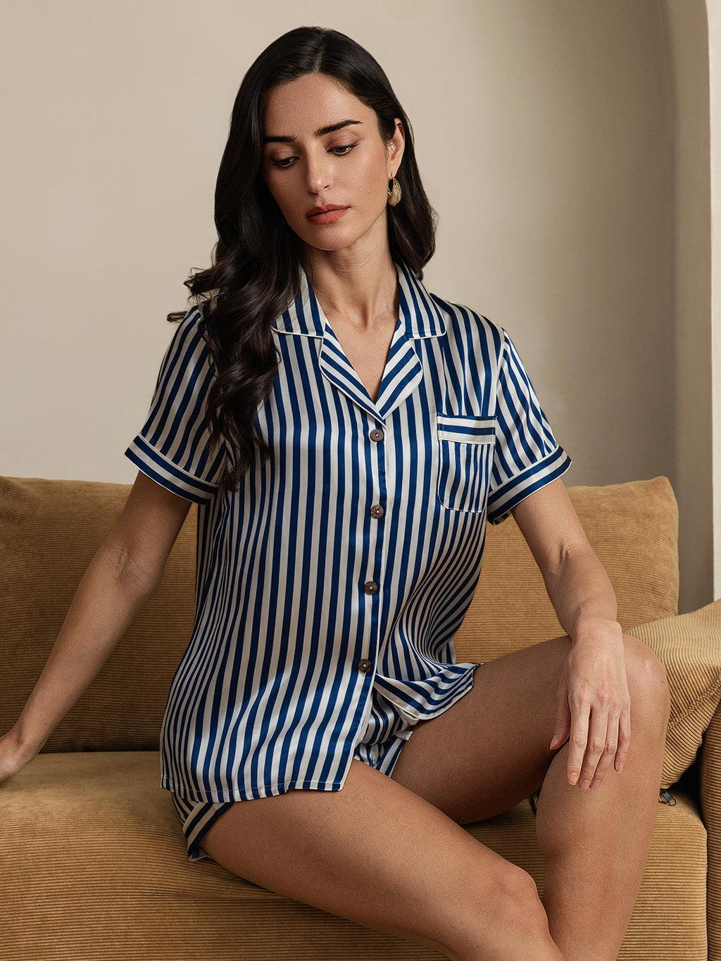 Pure Silk Stripe Print Short Sleeve Women's Pajamas Set