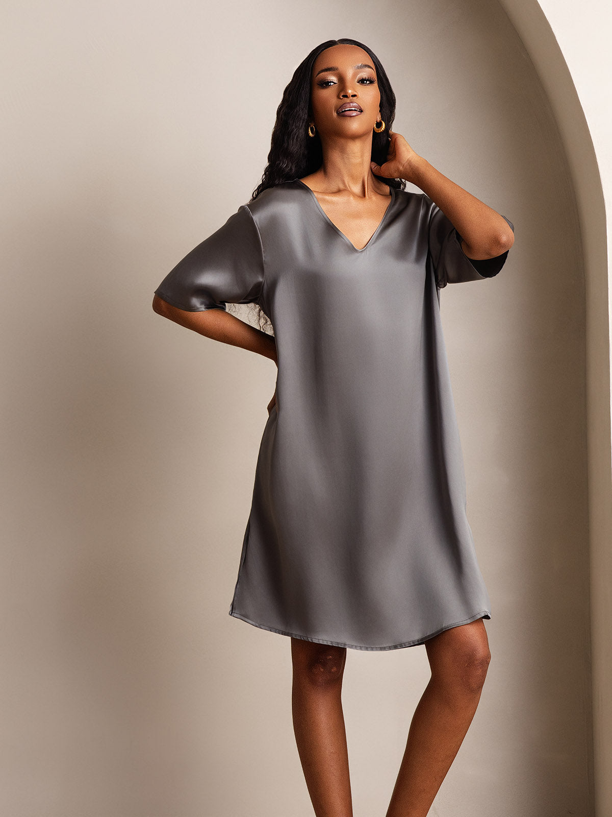 Pure Silk Half Sleeve V-neck Short Nightgown with Split Design