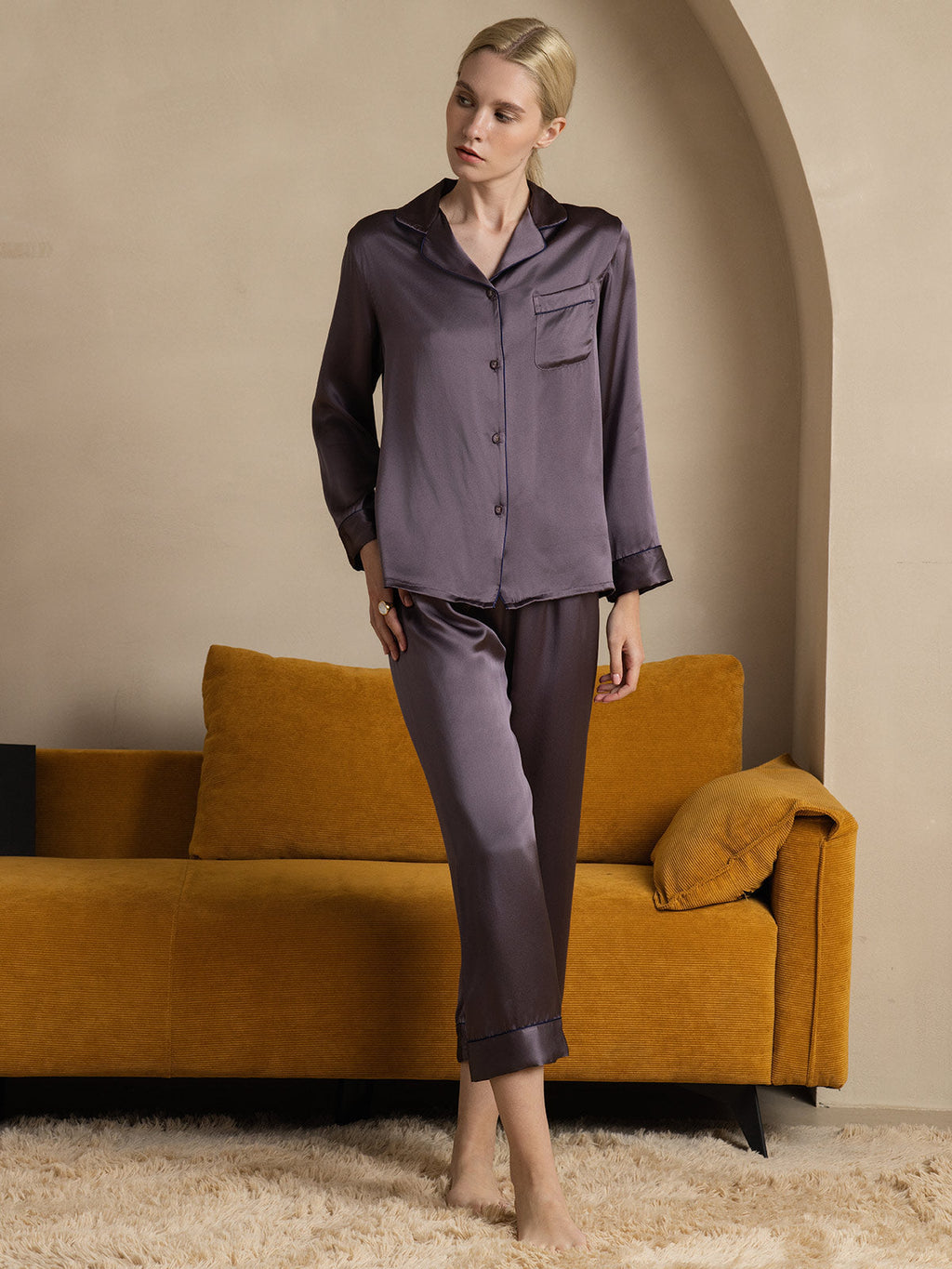 Binding Trim Long Sleeve Pure Silk Pajamas Set