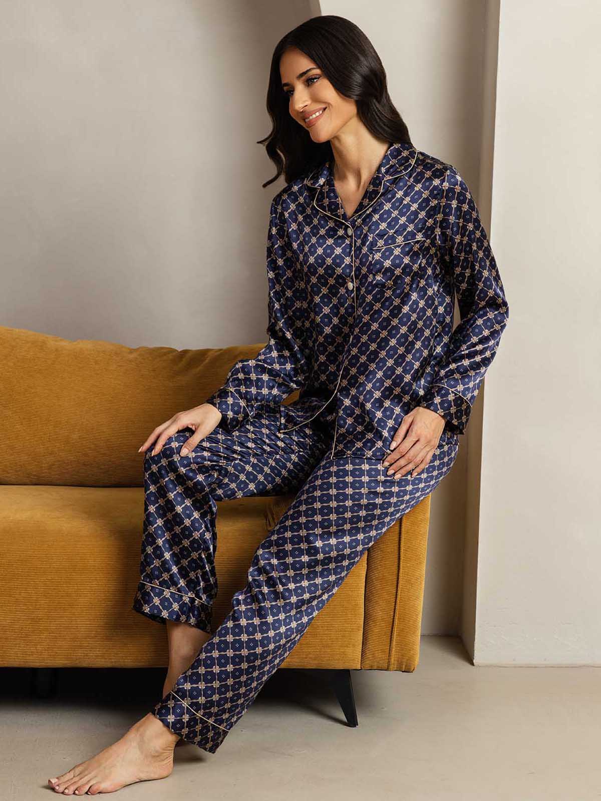 Pure Silk Binding Trim Pajamas Set 2Pcs