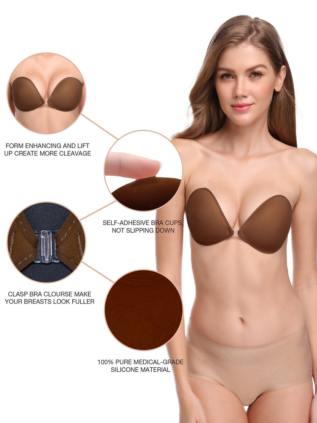 Adhesive Push-up Reusable Self Silicone Bra Coffee Brown