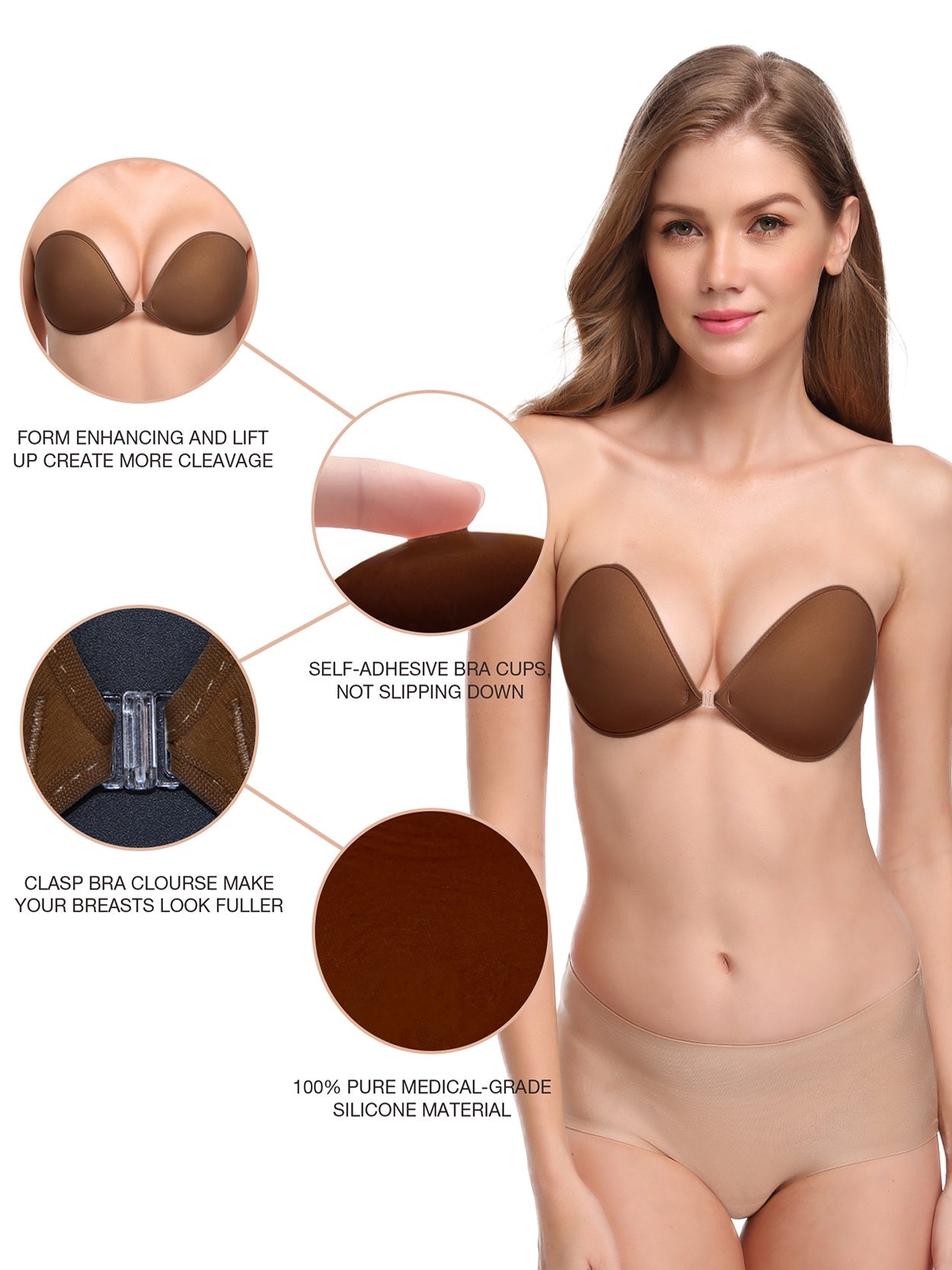 Adhesive Push-up Reusable Self Silicone Bra Coffee Brown