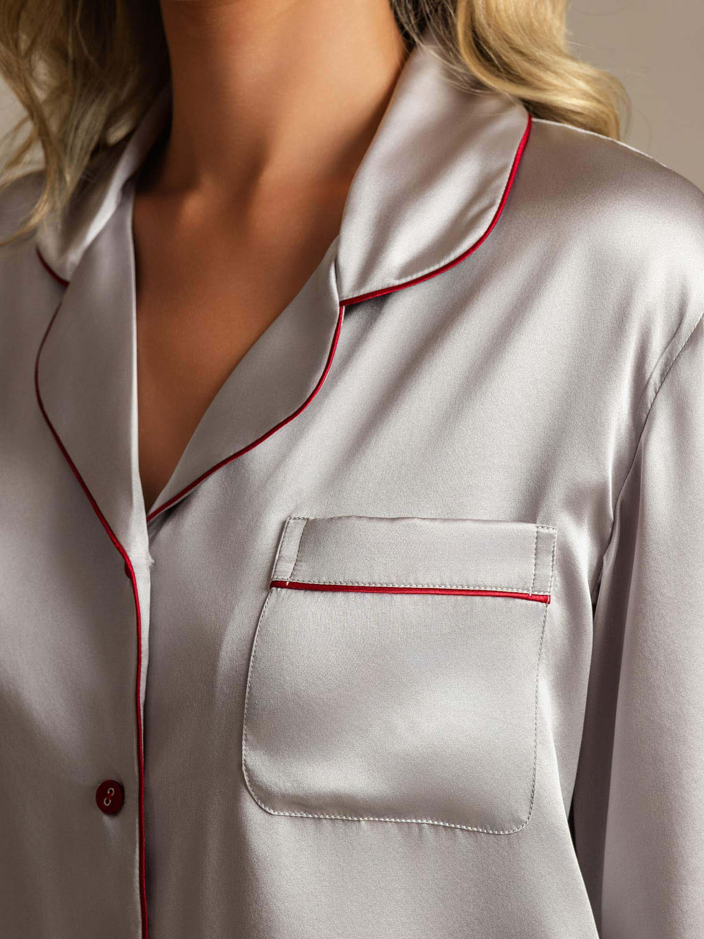 Pure Silk Binding Trim Pajamas Set 2Pcs