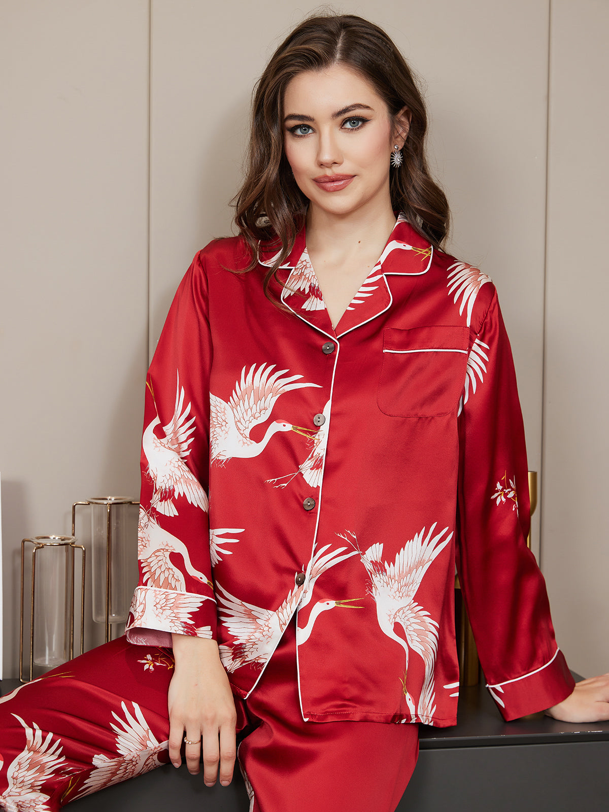 19Momme Women's 100% Mulberry Silk Crane Print Full Length Pajama Set