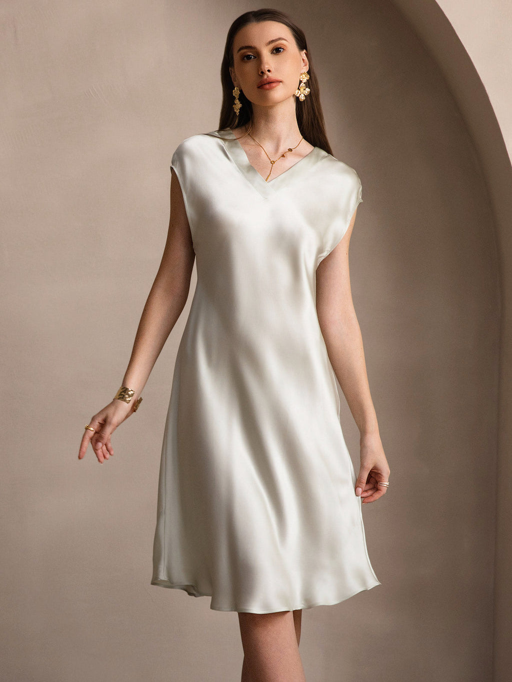 Pure Silk Cap Sleeve V-neck Knee Nightgown