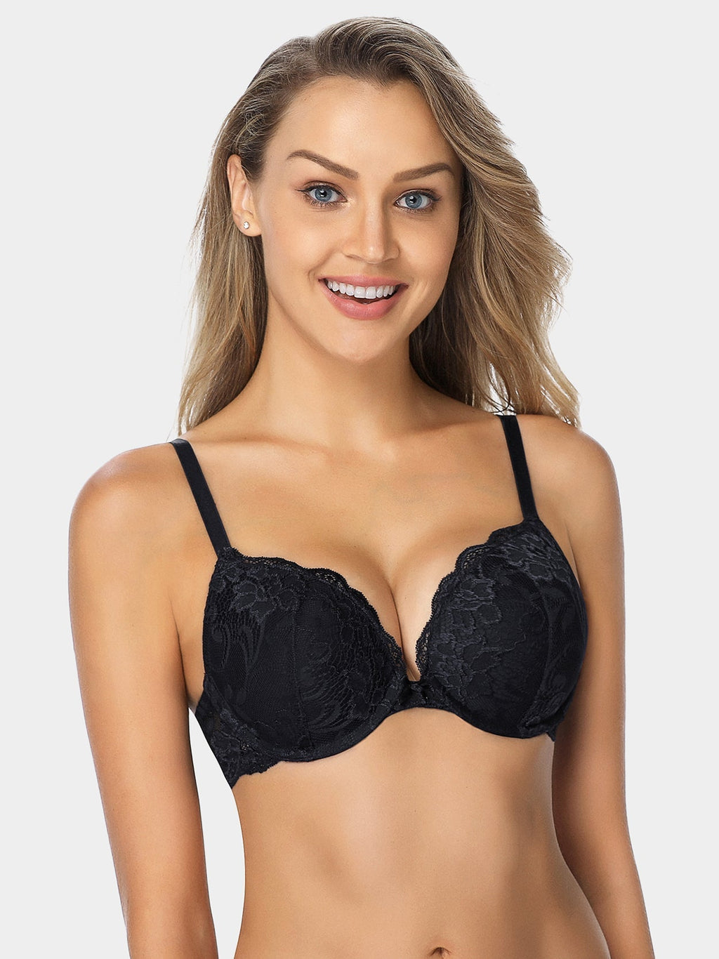 Floral Lace Push-Up Lightly Padded Demi Plunge Underwire Bra Black