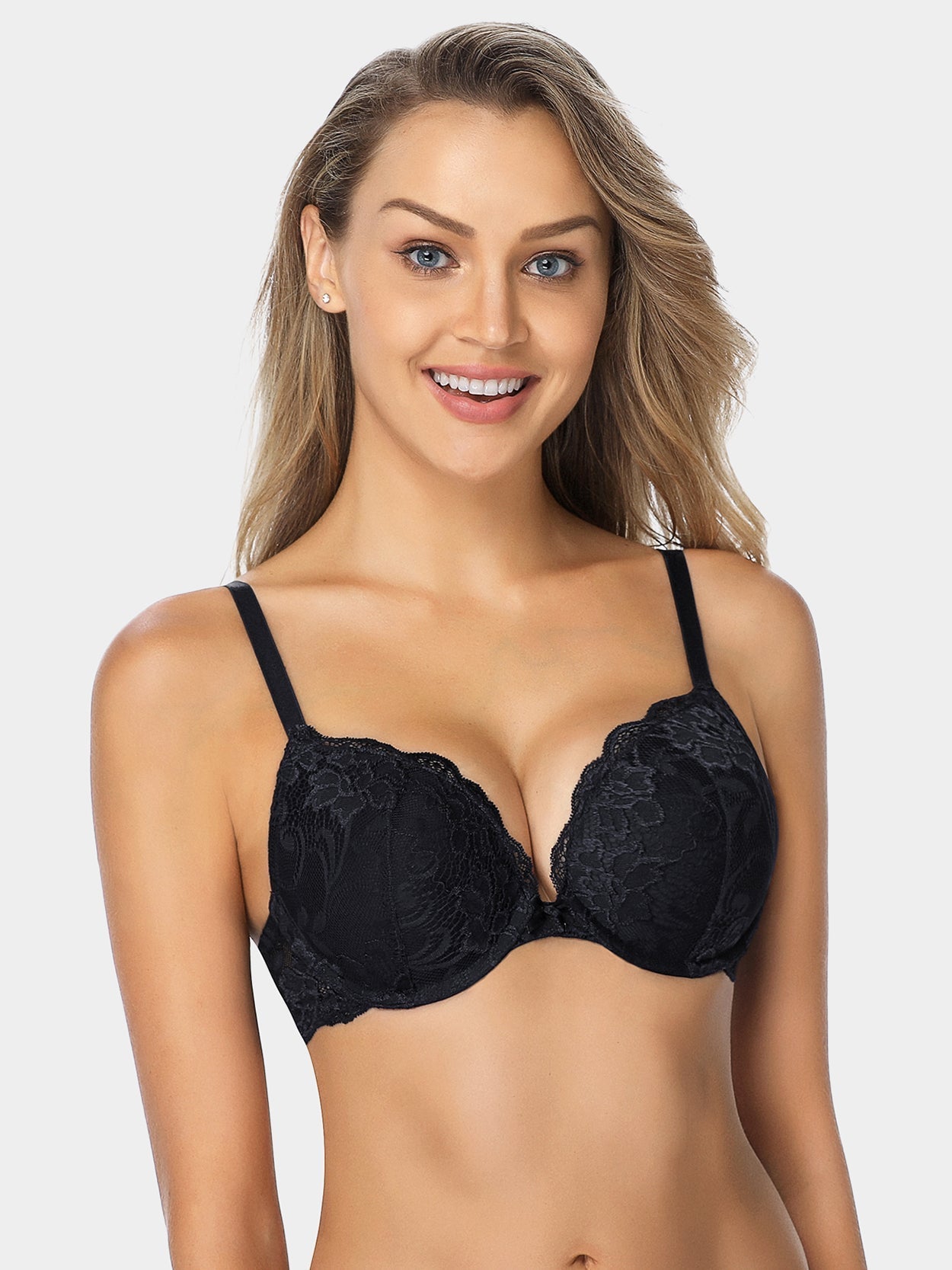 Floral Lace Push-Up Lightly Padded Demi Plunge Underwire Bra Black