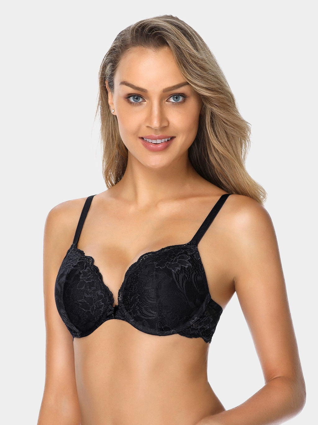 Floral Lace Push-Up Lightly Padded Demi Plunge Underwire Bra Black