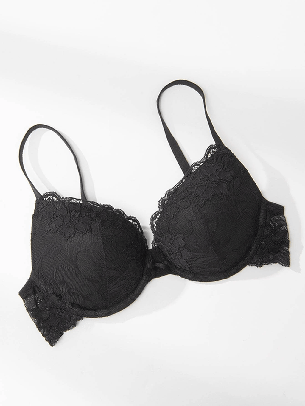 Floral Lace Push-Up Lightly Padded Demi Plunge Underwire Bra Black