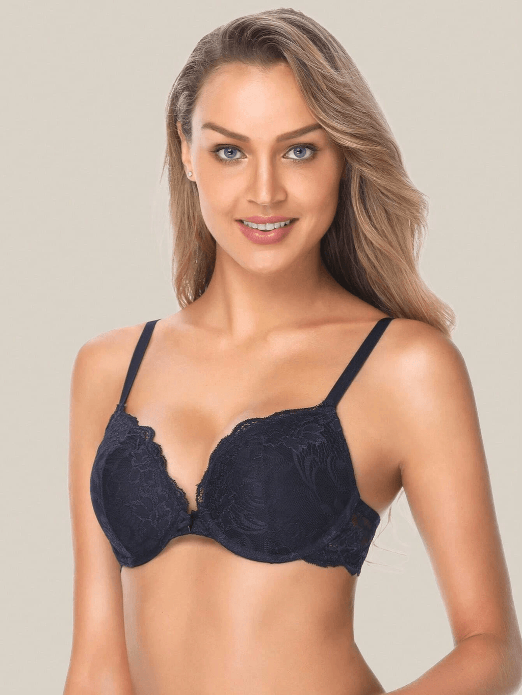 Floral Lace Push-Up Lightly Padded Demi Plunge Underwire Bra Dark Blue