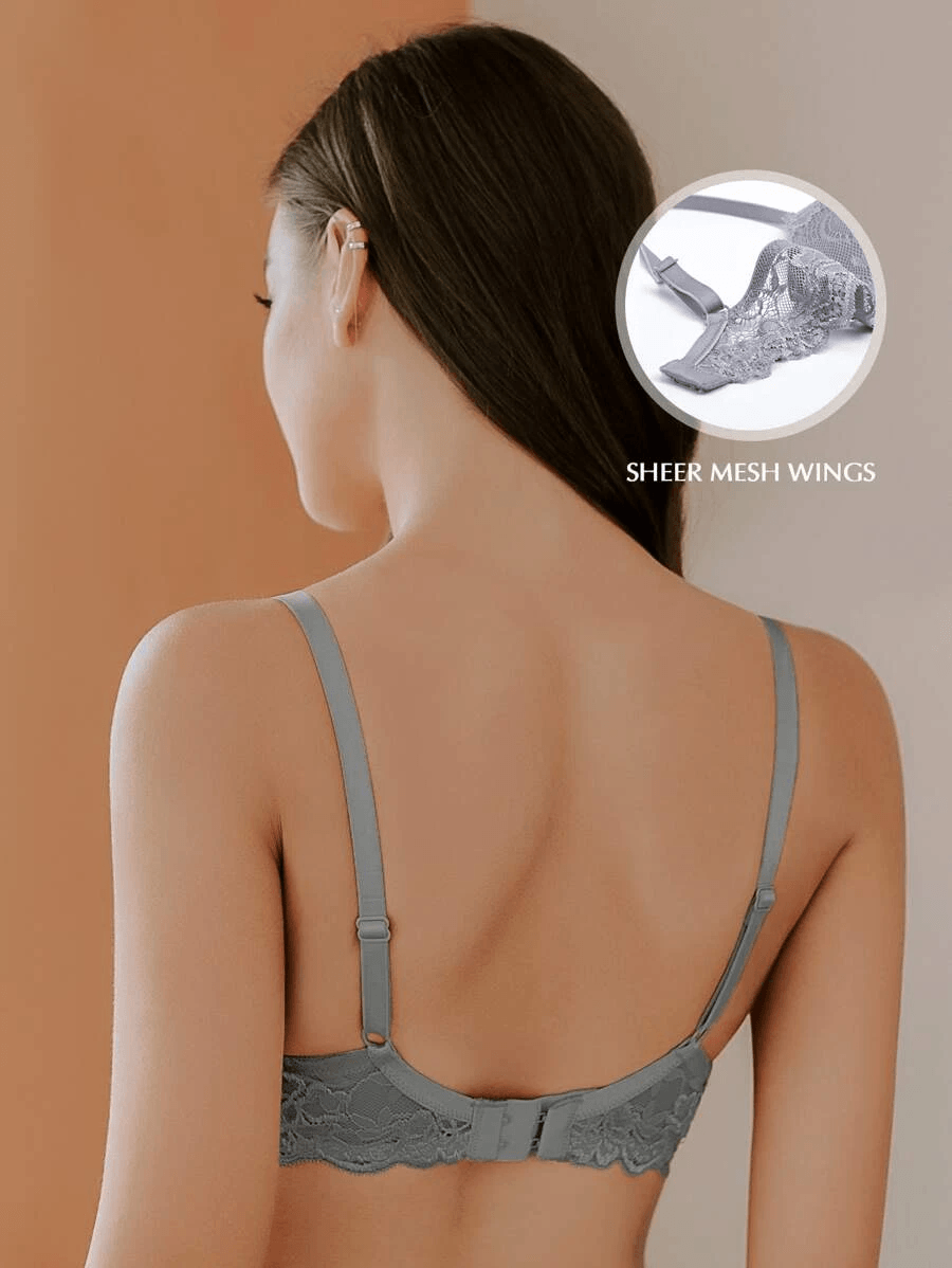 Floral Lace Push-Up Lightly Padded Demi Plunge Underwire Bra Grey