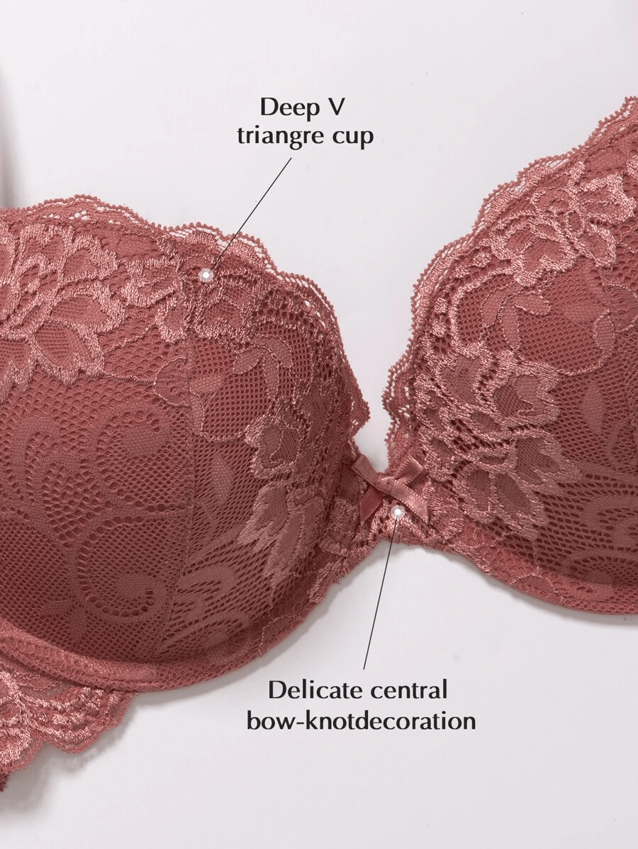 Lace Push Up Bra Lightly Padded Demi Plunge Bra Cinnabar Red