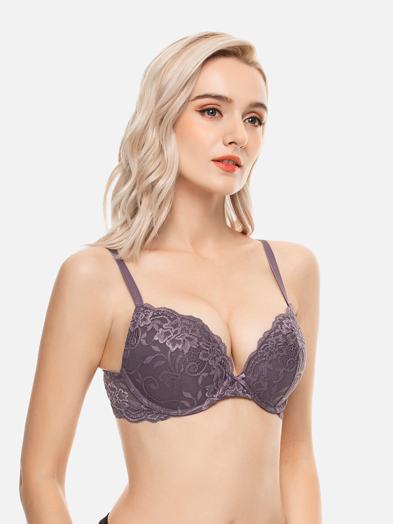 Lace Push Up Bra Lightly Padded Demi Plunge Bra Purple