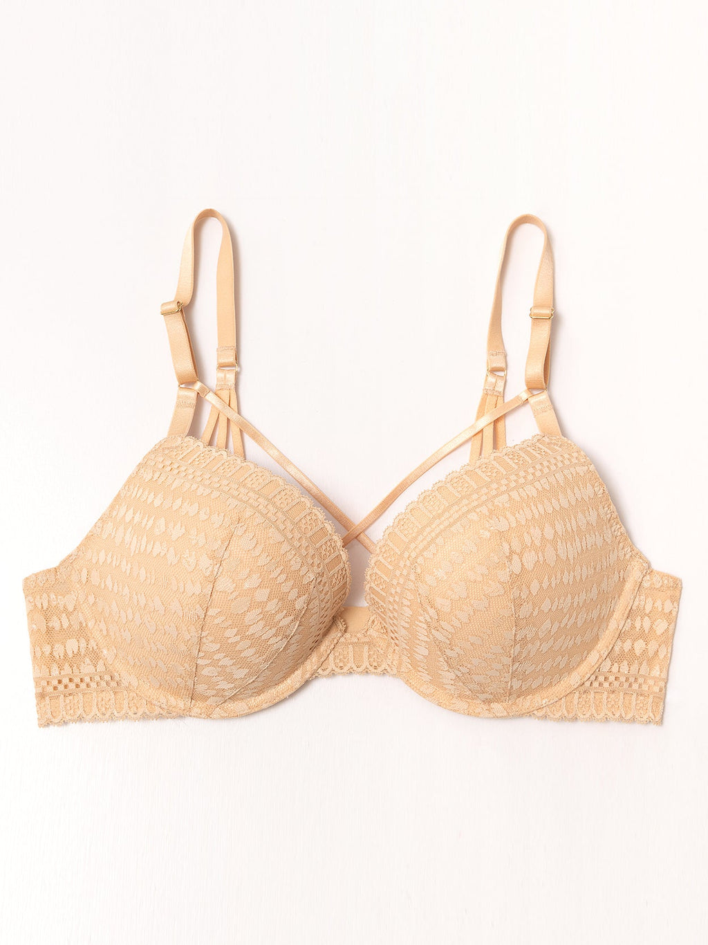 Lace Push Up Bra Padded Strappy Back Underwire Nude