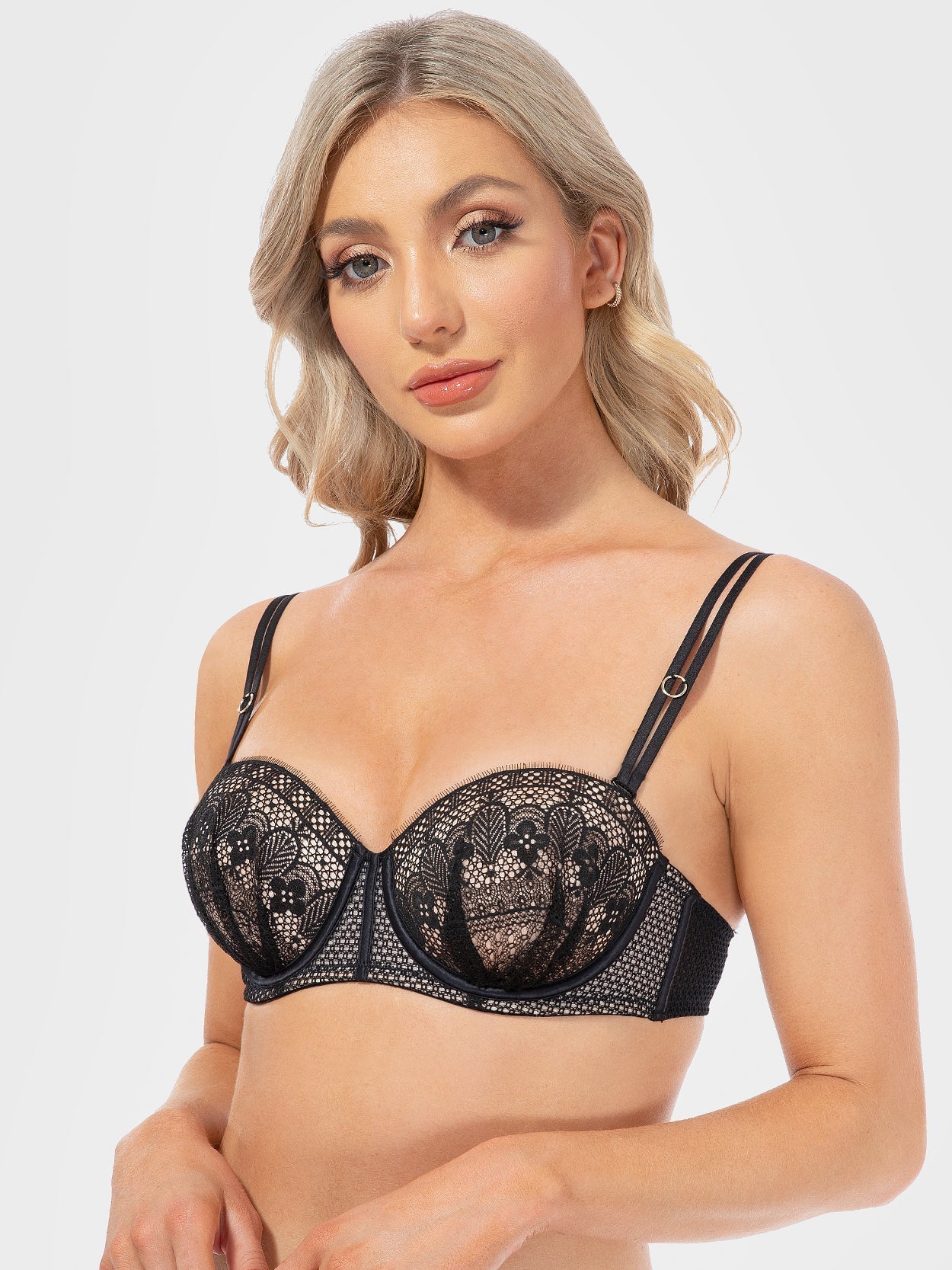 Push Up Full Figure Strapless Pleated Lace Multiway Bra Black