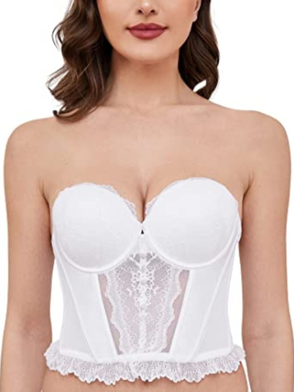 Strapless Bra Longline Corsets Push Up Boned Underwire Sexy Sheer Mesh Lace-Trim White