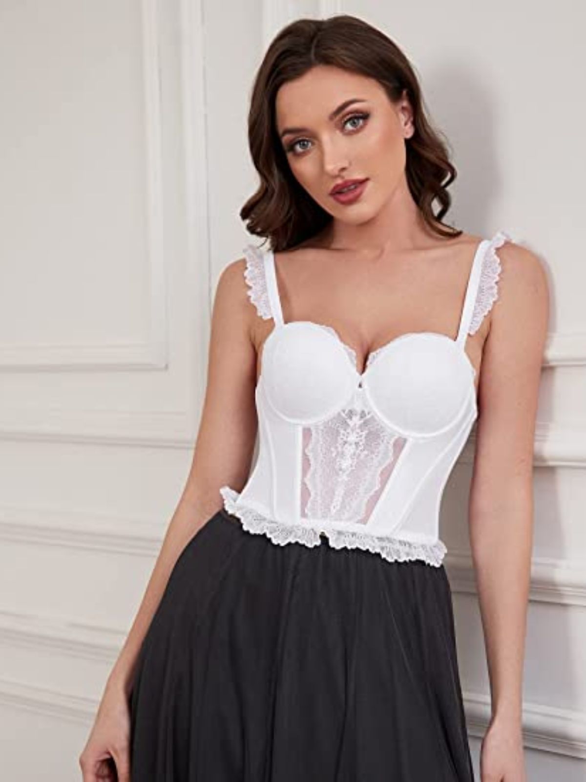 Strapless Bra Longline Corsets Push Up Boned Underwire Sexy Sheer Mesh Lace-Trim White