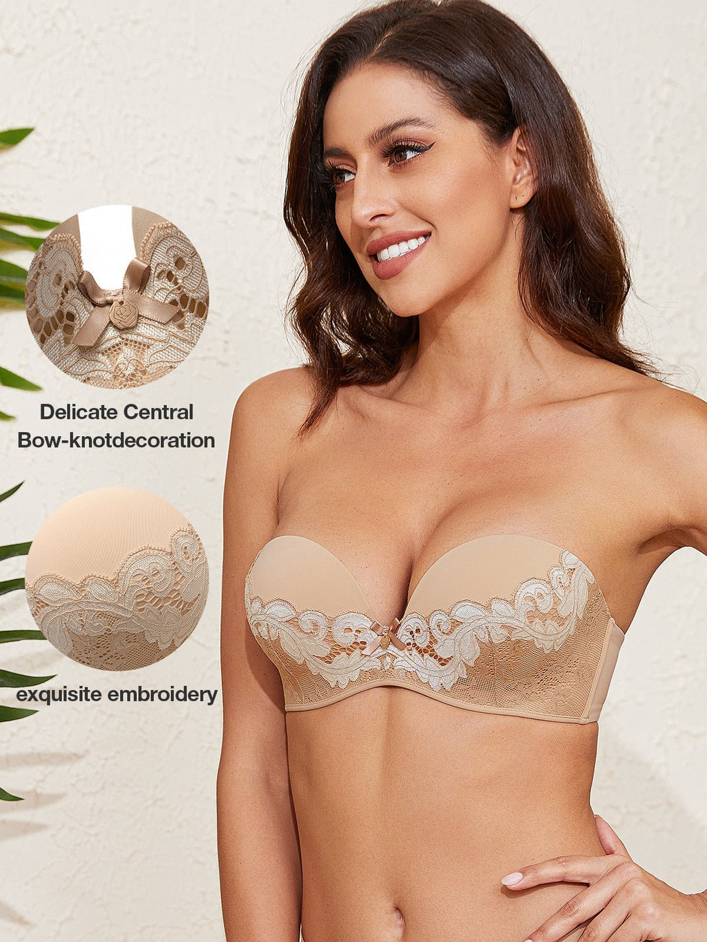 Underwire Push Up Cross-shoulder Straps Embroidery Bra Milk Coffee