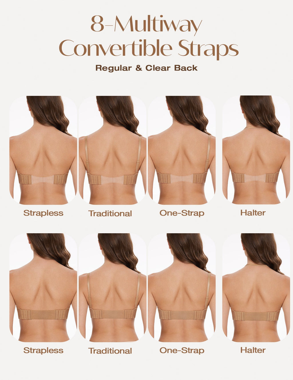 Wingslove Women's Deep V Pluless Bra Multiway Push Unge Strapp Low-Cut Bras Wireless Red Carpet Clear Back Milk Coffee